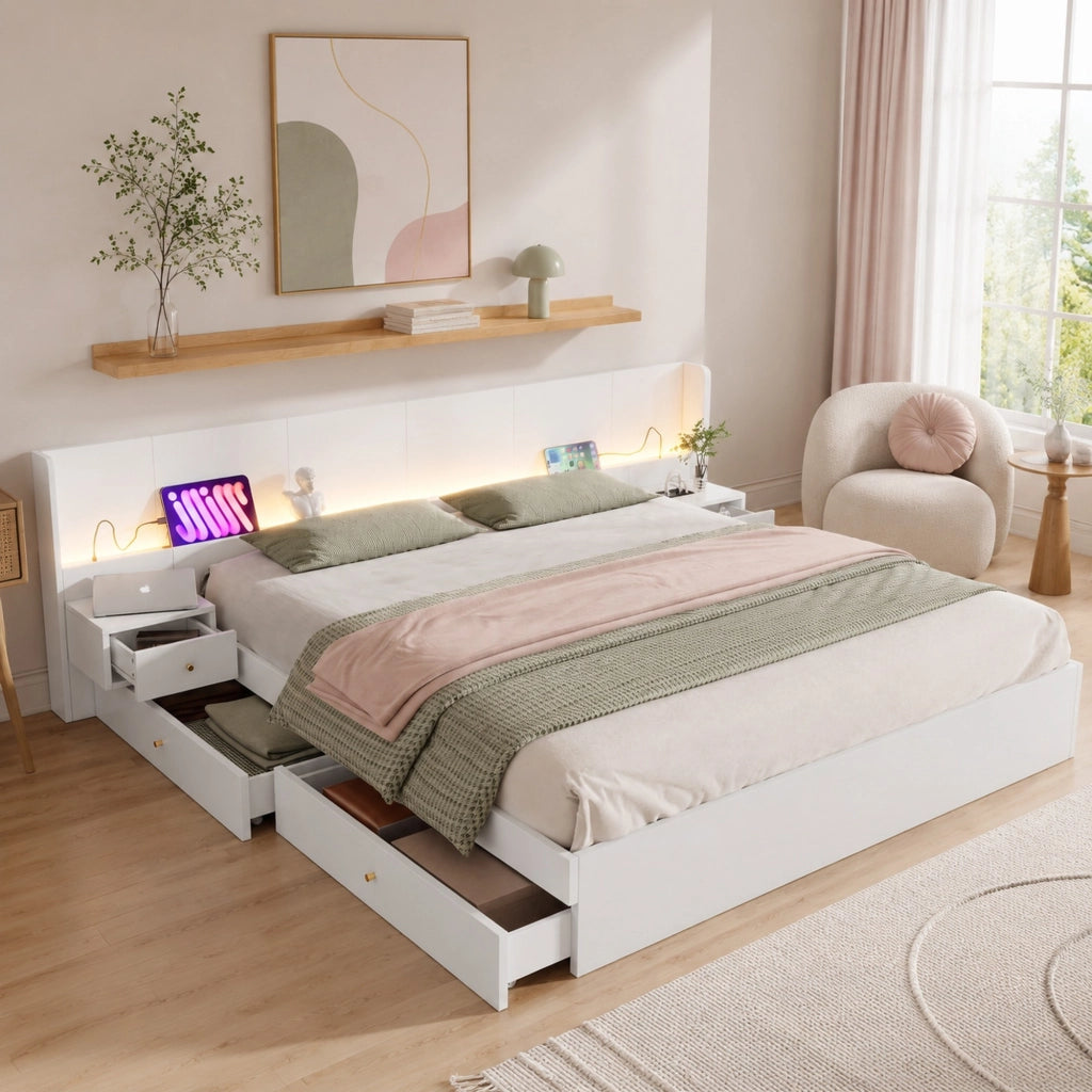 LETTO Matrimoniale 180x200 cm MDF Bianco con USB, LED, 2 comodini e cassetti