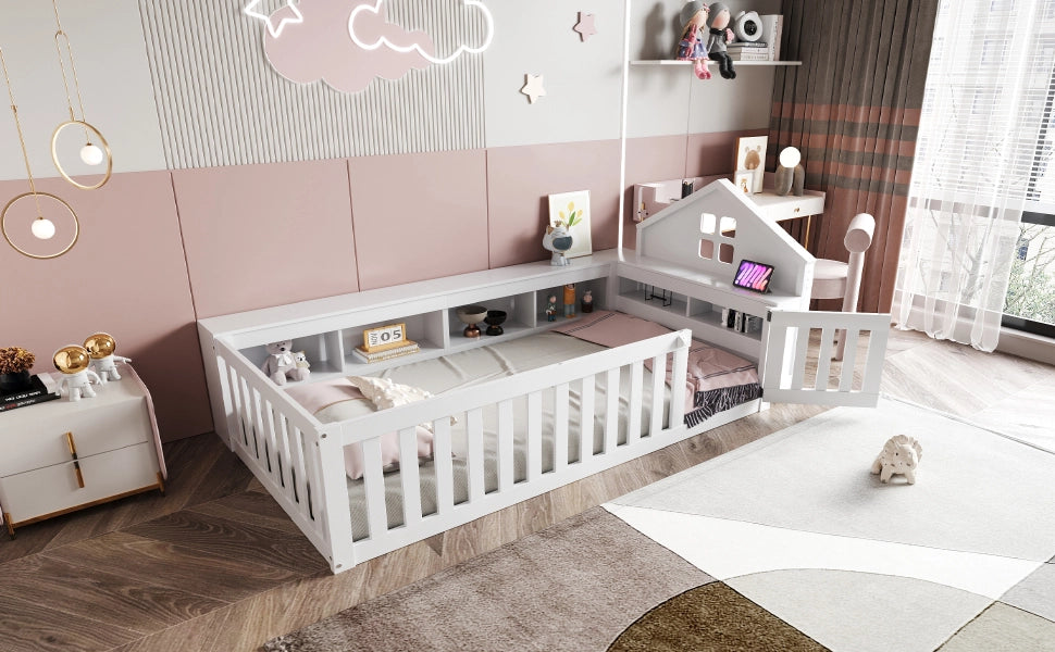 DESMIU Letto per Bambini Singolo con Contenitori, Sponde e Porta, 90 × 200 cm, Senza Materasso, Legno Massello, Bianco