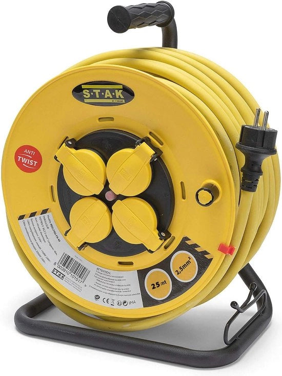 Cable dispenser professionale con 25m cavo in gomma e contenitore impermeabile