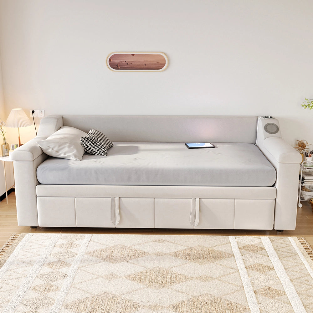 Divano letto-Xylo-90x190 cm-Bluetooth, USB, velluto beige