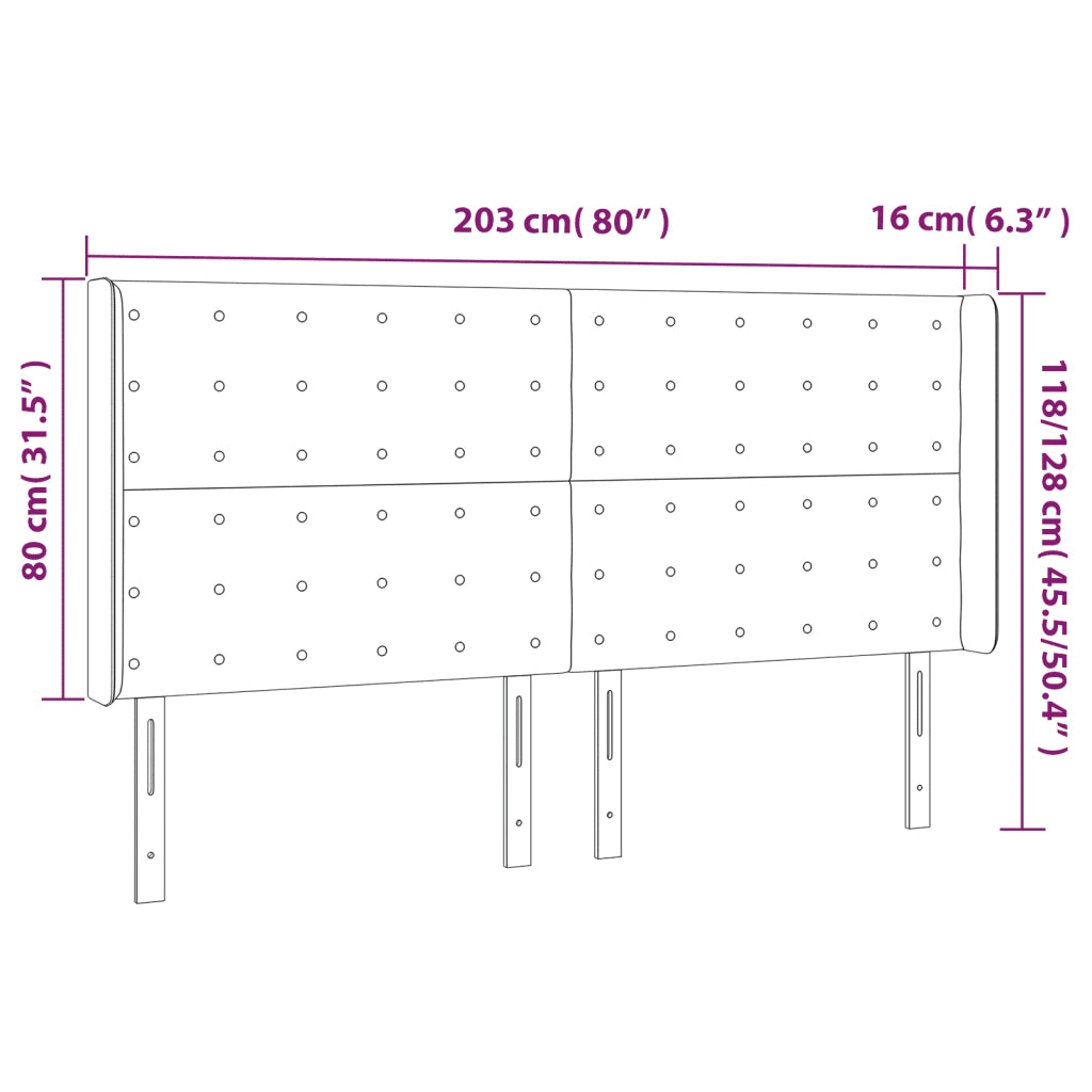 Testiera a LED Nera 203x16x118/128 cm in Tessuto