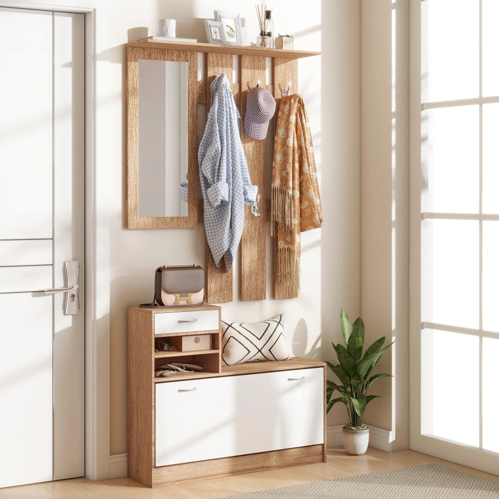 Mobile ingresso con appendiabiti, specchio e panca ¨C Minimal ¨C Bianco