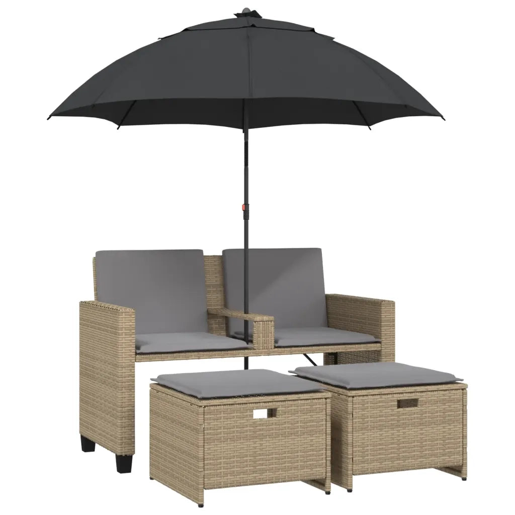 Divano Giardino 2Posti Ombrellone e Sgabelli Beige Polyrattan 365887