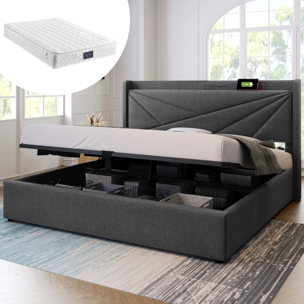 LETTO Contenitore 140x200 cm Grigio Cotone-Lino con USB Type-C