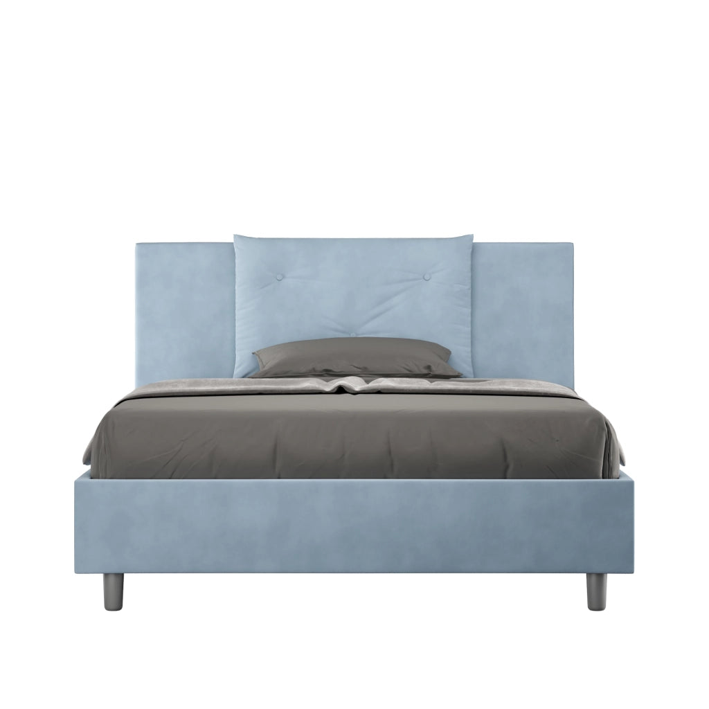 BS COM Letto matrimoniale francese con rete imbottito 140x190 microfibra azzurro