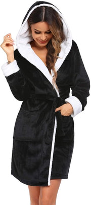 Badjas Donna Felpa soffice Capuccio Cappuccio a collo alto Camicia da notte Felpa sauna spa Abito da bagno Nero