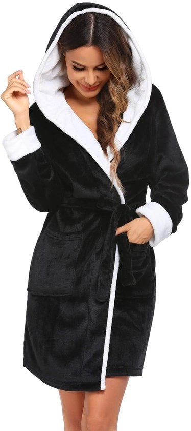 Badjas Donna Felpa soffice Capuccio Cappuccio a collo alto Camicia da notte Felpa sauna spa Abito da bagno Nero