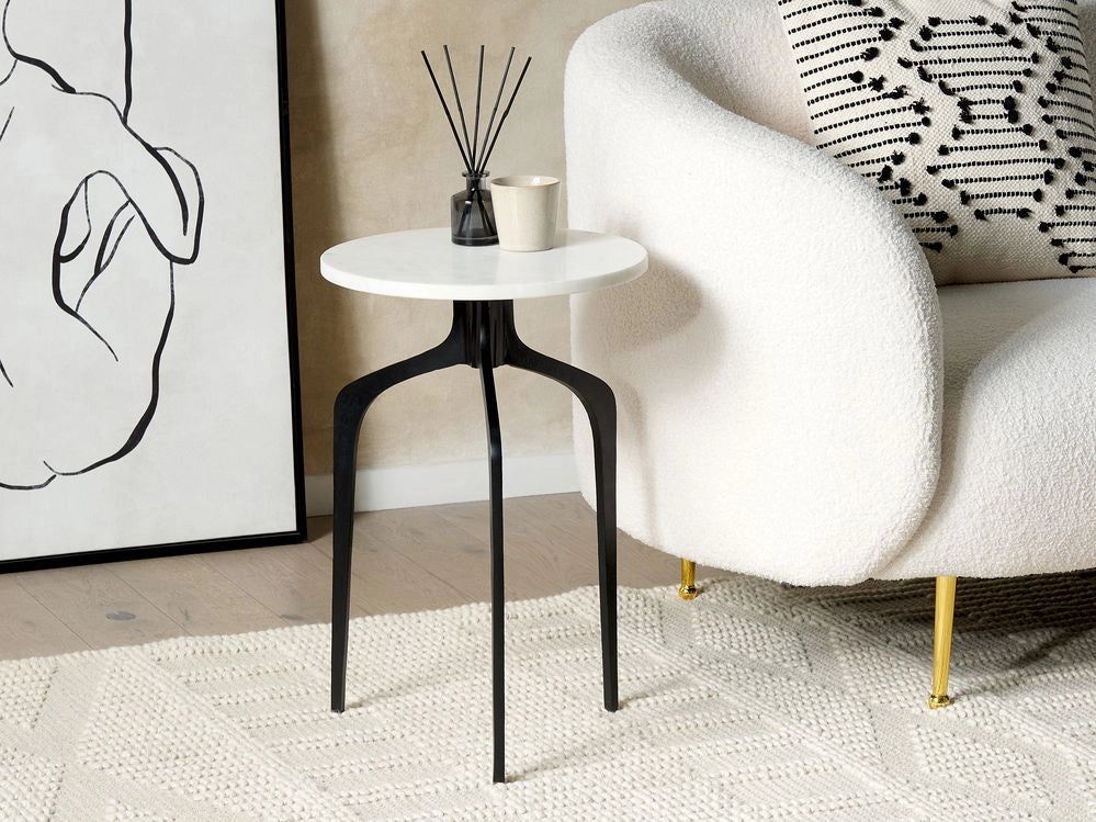Tavolino Piano in marmo bianco 3 gambe in metallo nero 36 x 36 cm Rotondo Glam Soggiorno moderno Camera da letto