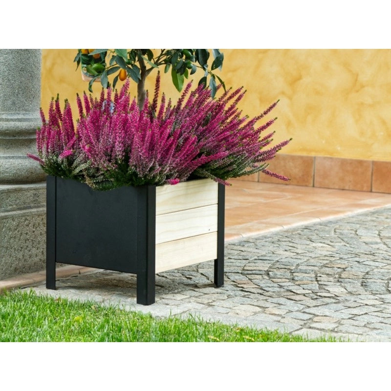 Fioriera quadrata in legno e metallo 36x36x32 cm con struttura antracite, vaso da esterno per balcone e giardino - Esterni da Vivere