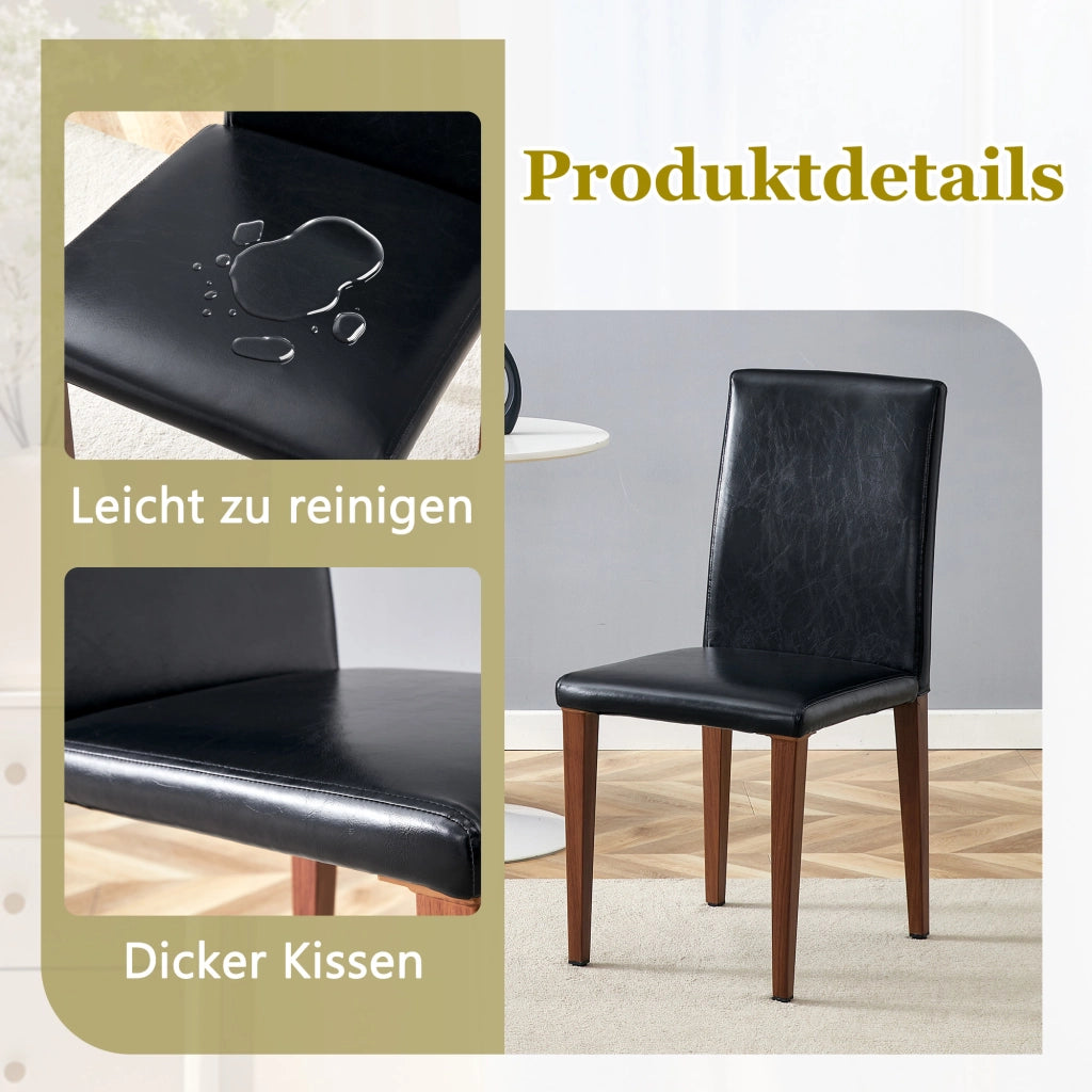 Sedia da pranzo 4 pezzi con schienale ergonomico e gambe in metallo, PU nero e noce