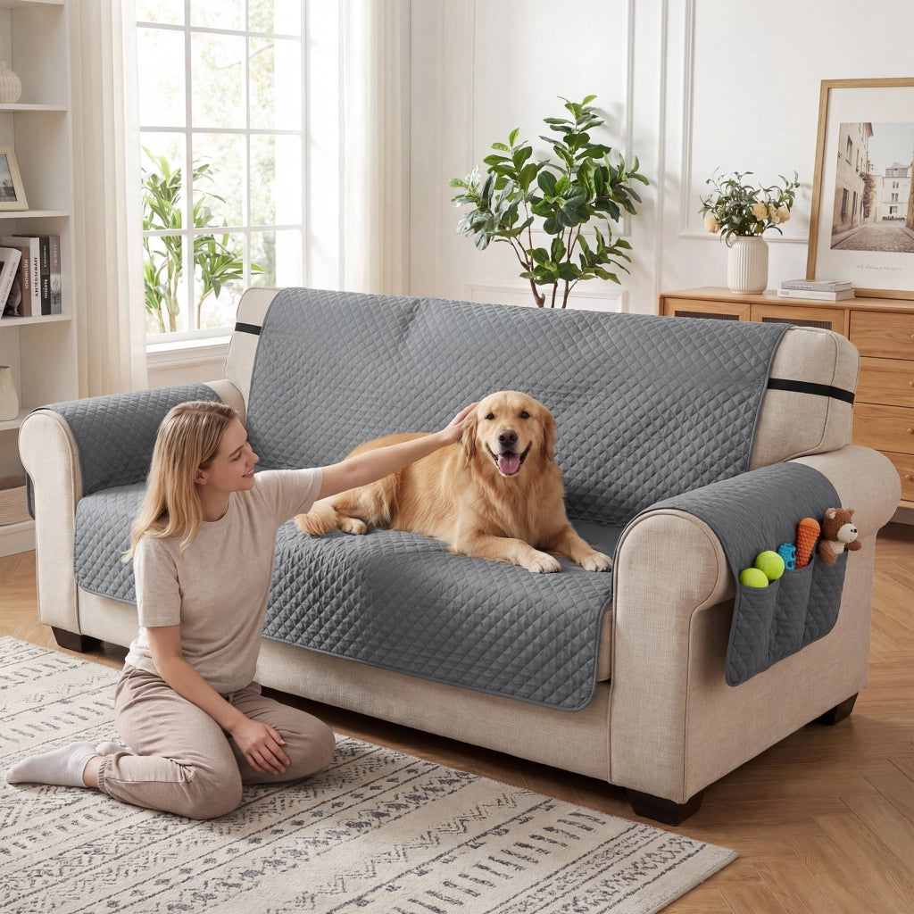 Copridivano 3 Posti Impermeabile Antiscivolo con Tasche ¨C Minimal ¨C Grigio