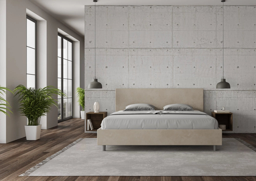 BS COM Letto matrimoniale king size contenitore imbottito 200x210 microfibra sabbia