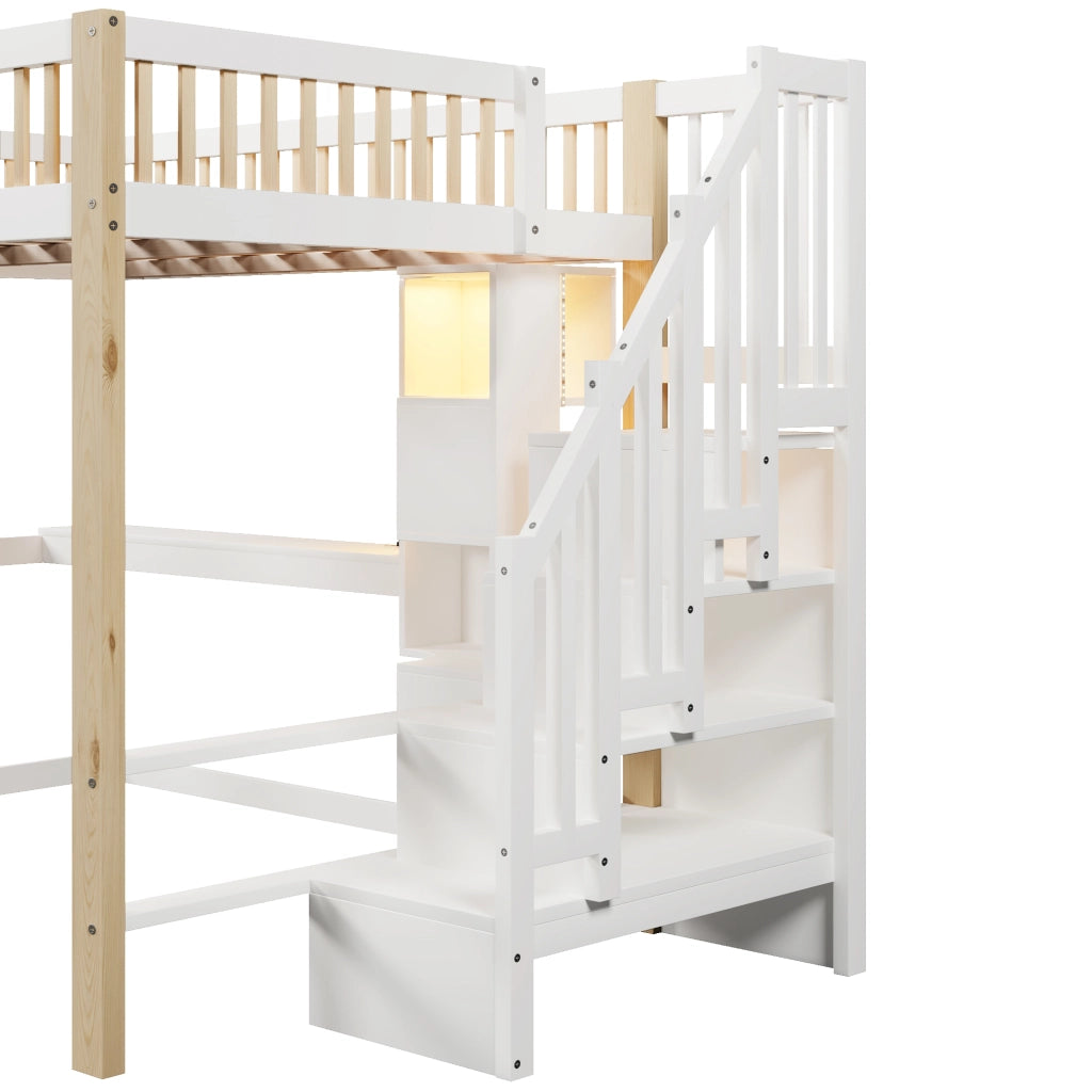 Letto a soppalco 140 × 200 cm con scrivania scala contenitore LED e presa elettrica in legno bianco naturale