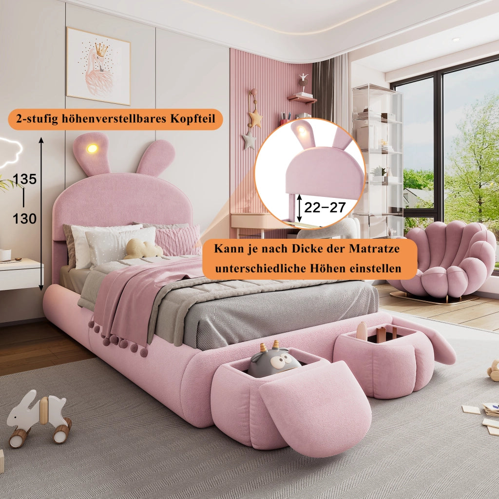 LETTO Singolo 90x200 cm in Velluto Rosa con LED e 2 pouf contenitore