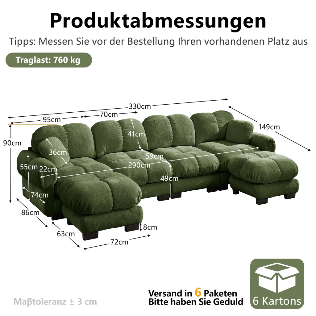 Divano ad angolo convertibile 4 posti con pouf mobile, in ciniglia, Verde