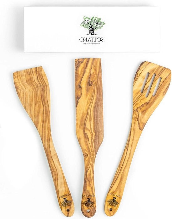 Set di cucchiai in legno di olivo di alta qualità da 3 pezzi - cucchiaio di legno 30 cm resistente alle abrasioni