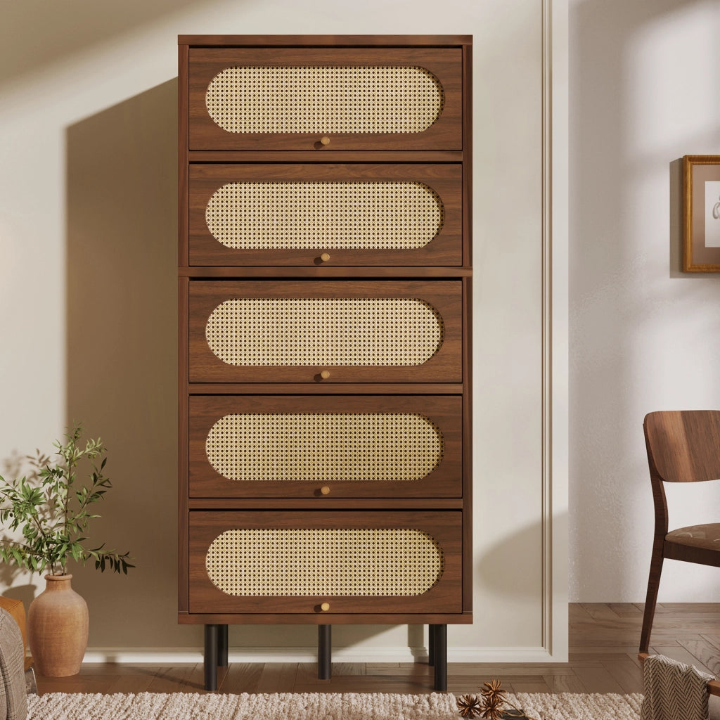 Credenza con 5 ante a ribalta e piedini alti; frontale in rattan; per soggiorno o cucina; 80 × 40 × 163 cm