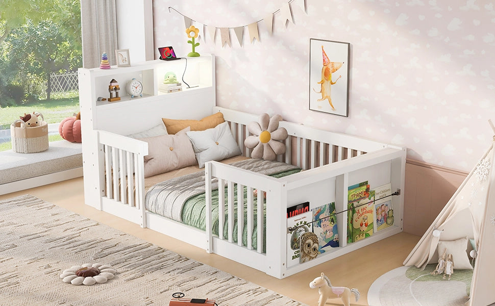 Letto multifunzione per bambini 90 x 190 cm con sponde alte, USB, luce notturna e vano contenitore, bianco