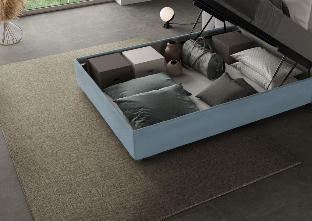BS COM Letto matrimoniale francese contenitore imbottito 140x210 microfibra azzurro