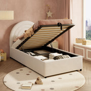 OKWISH Letto Contenitore 90×200 cm, Letto Singolo con Vano Contenitore Idraulico, Testiera Imbottita e Struttura Antirumore, senza Materasso, Bouclé, Beige