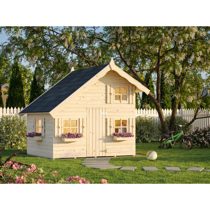 Casetta in legno per bambini da giardino 220x180 cm, con soppalco interno e pareti spessore 16 mm, porta singola, uso esterno - Esterni da Vivere