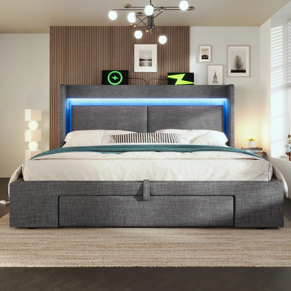 LETTO Contenitore idraulico 140x200 cm Lino Grigio con LED e USB-C