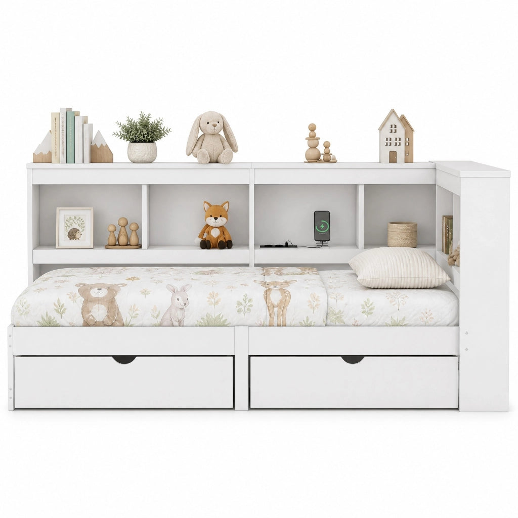 Letto a divano 90x200 cm con 2 cassetti, prese USB e ripiani laterali