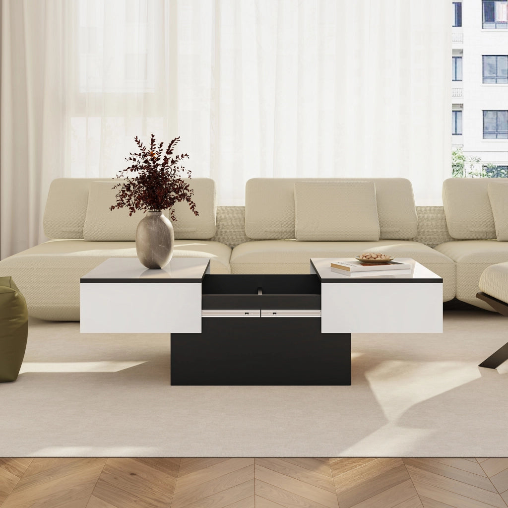 Tavolino Centrale Lens da Salotto con Piano Scorrevole 80 x 60 x 36 cm - Bianco / Nero [en.casa]