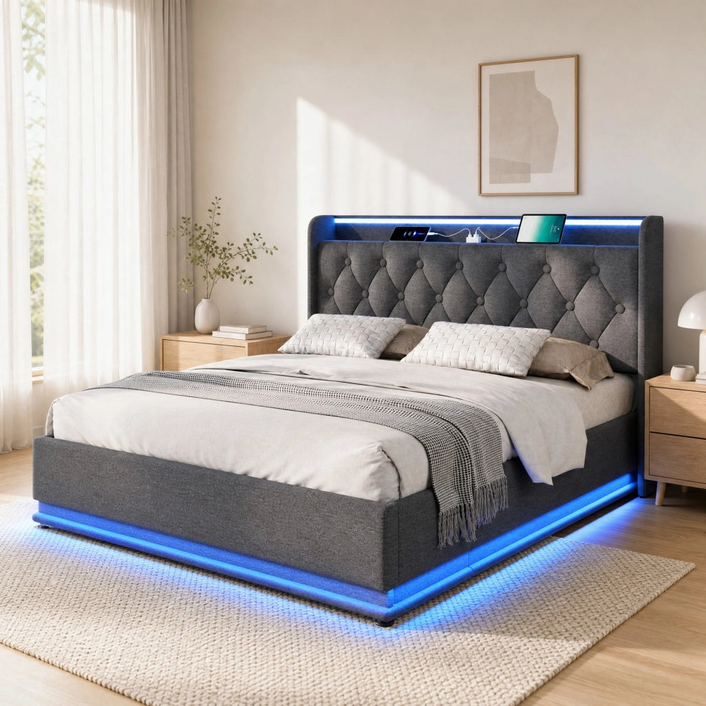LETTO Contenitore 180x200 cm in lino grigio con LED, USB e Tipo C