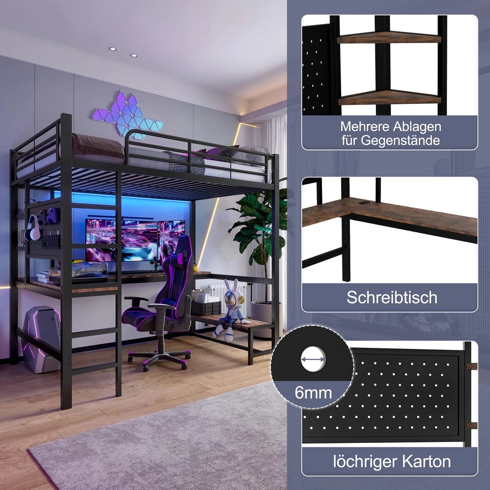 Letto a Soppalco con Scrivania e LED ¨C MINIMAL ¨C Nero, 90x200, con USB e Rete a Doghe