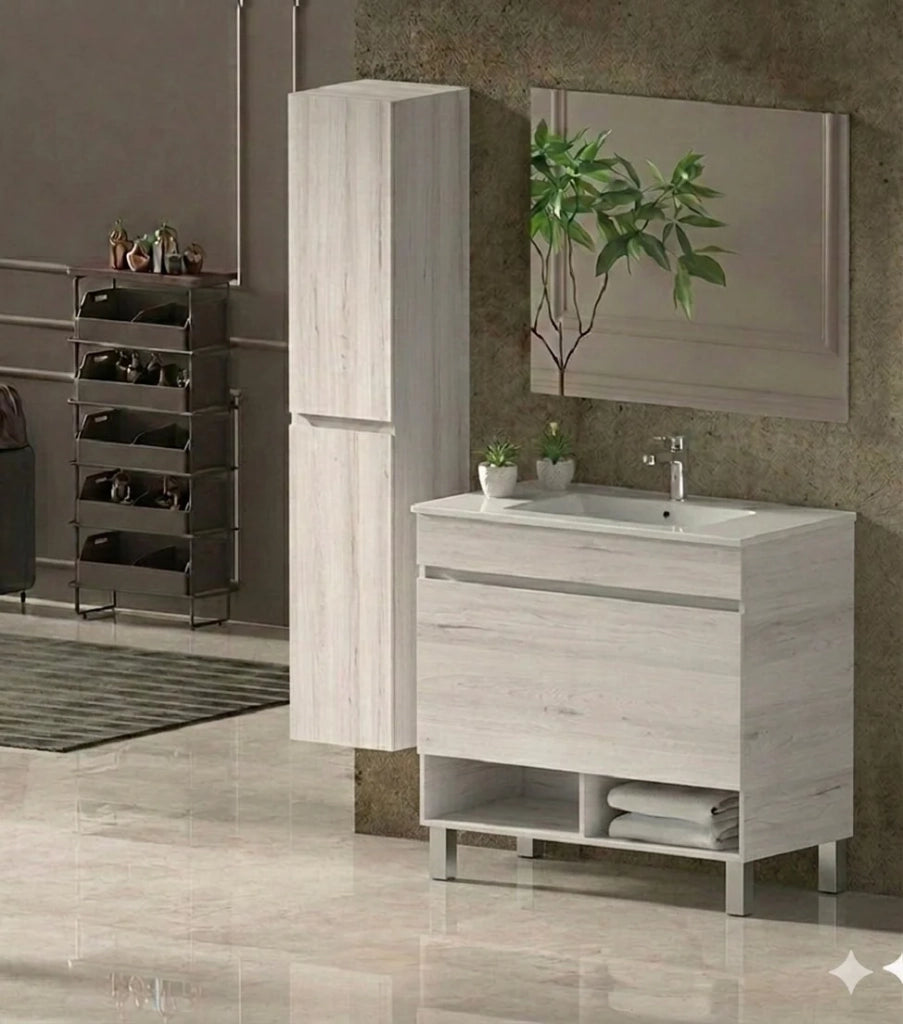 Mobile Bagno NEBARI com gambe Già Montato 1 cassetto, lavabo e specchio Bianco nordico 120x45 cm 1 lavabo con colonna