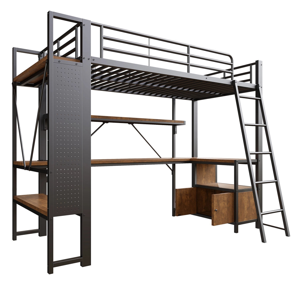 Letto a soppalco 90x200 cm con scrivania, LED, ripiani e USB