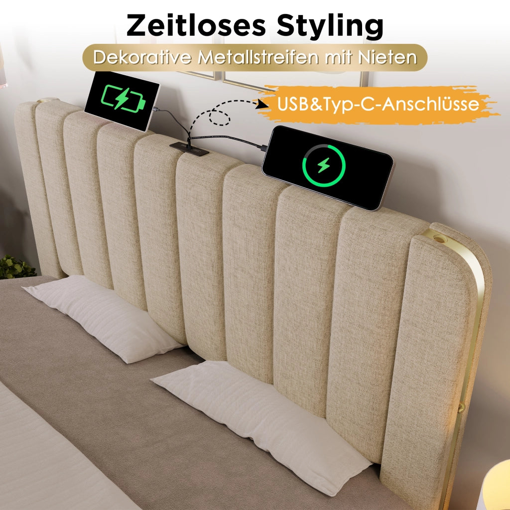LETTO matrimoniale 140x200 cm in lino beige con USB Type-C e 4 cassetti