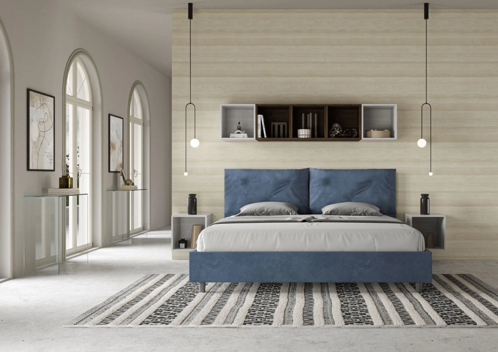 BS COM Letto matrimoniale king size senza rete imbottito 200x210 microfibra blu