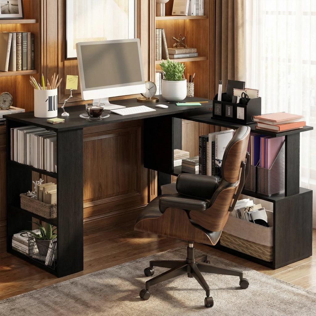 Scrivania angolare con libreria ¨C Minimal ¨C Nero 120x110x74,5 cm