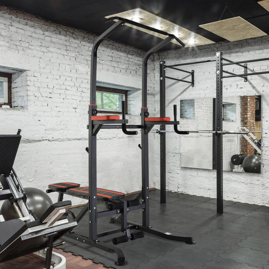 EasyComfort Power Tower Pieghevole, Stazione Fitness Multifunzione Regolabile in 7 Posizioni con Sbarra Trazioni, Dip Station, Pull UP Station e Panca Piana in Acciaio, per Home Gym Casa, Portata 150kg