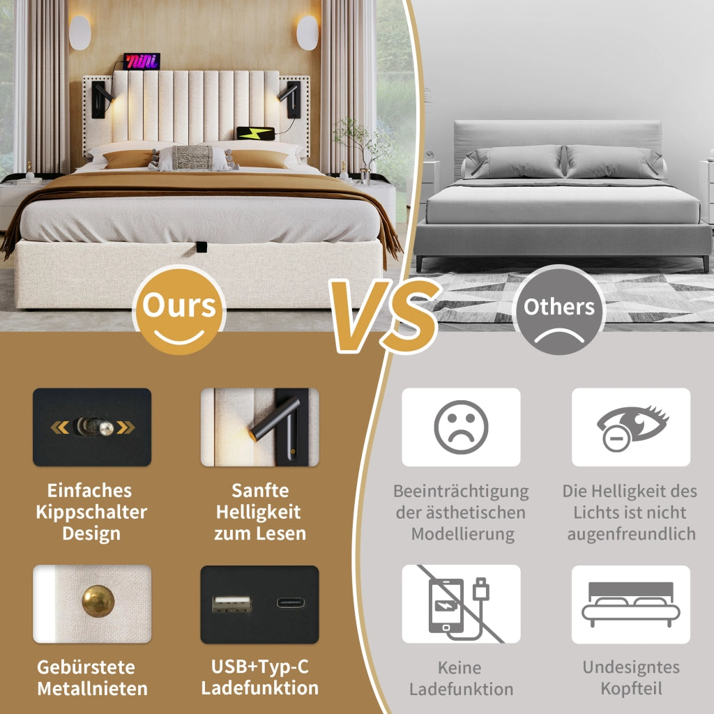 LETTO Contenitore 140x200 cm Beige in cotone con luce da lettura e USB