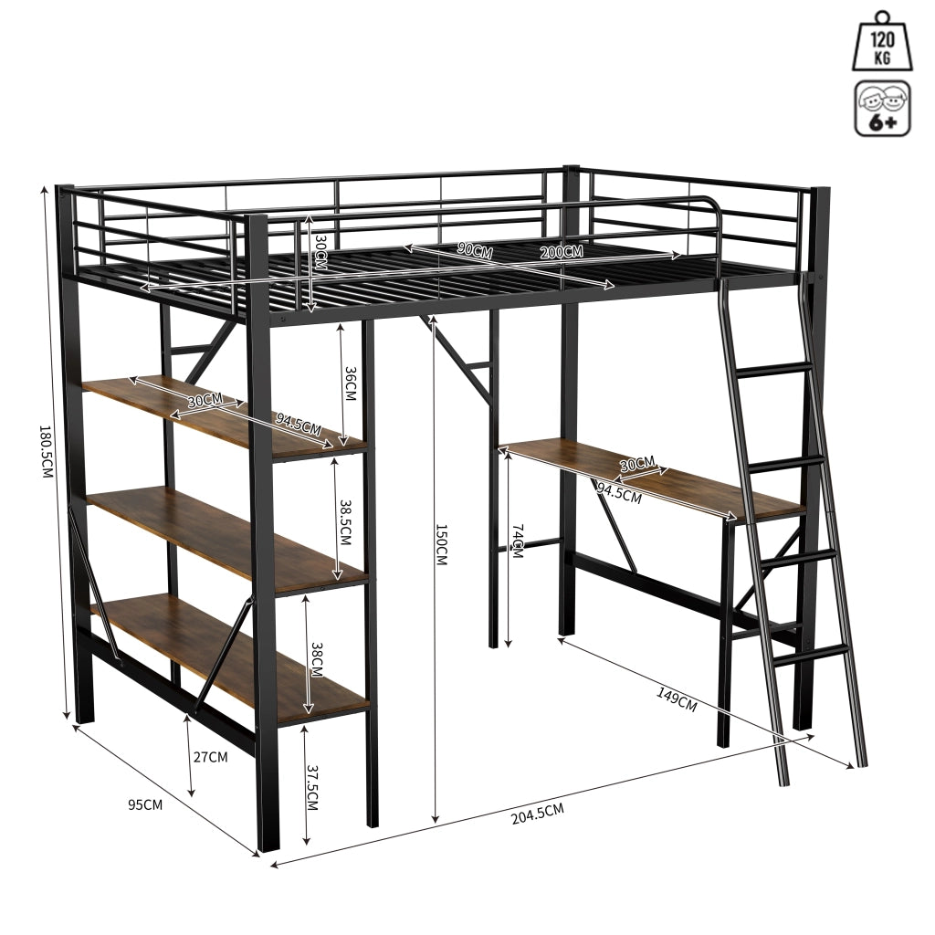 Letto a soppalco 90x200 cm in metallo con scrivania e 3 ripiani, nero