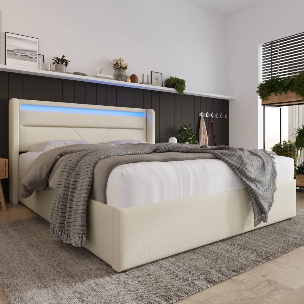 LETTO Contenitore idraulico 140x200 cm in PU bianco con LED