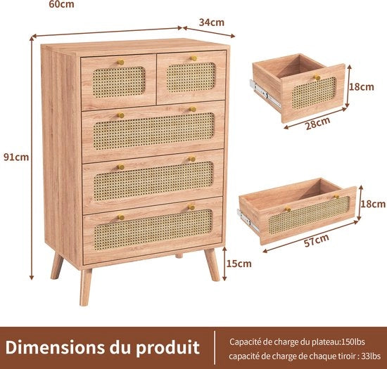 Scaffale per la camera - Legno - Rattan - 5 cassetti - Antiscivolo