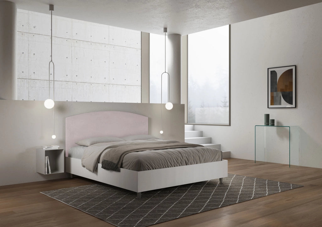 BS COM Letto matrimoniale senza rete 160x190 bianco frassino testata microfibra glicine