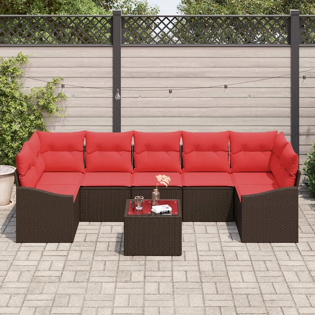 Set di divani 8 pz 7-Numero di posti Marrone e Rosso polyrattan 3346644