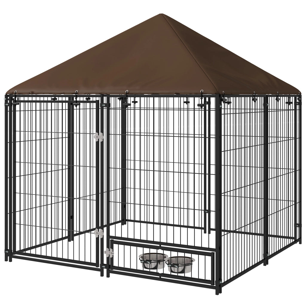 Recinto per Cani in Metallo e Tessuto ¨C Minimal ¨C Nero e Marrone 141x141x151 cm