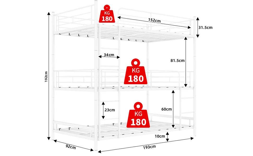 Letto a Castello Triplo con Scala e Ringhiera ¨C MINIMAL ¨C Legno, per Bambini e Adulti