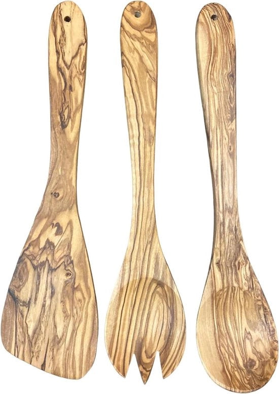 Set di 3 Strumenti in Legno di Olivo per la Cucina - Cucchiaio Spatola Forchetta 30 cm - Ecologico Fatto a Mano Durevole Igieneico