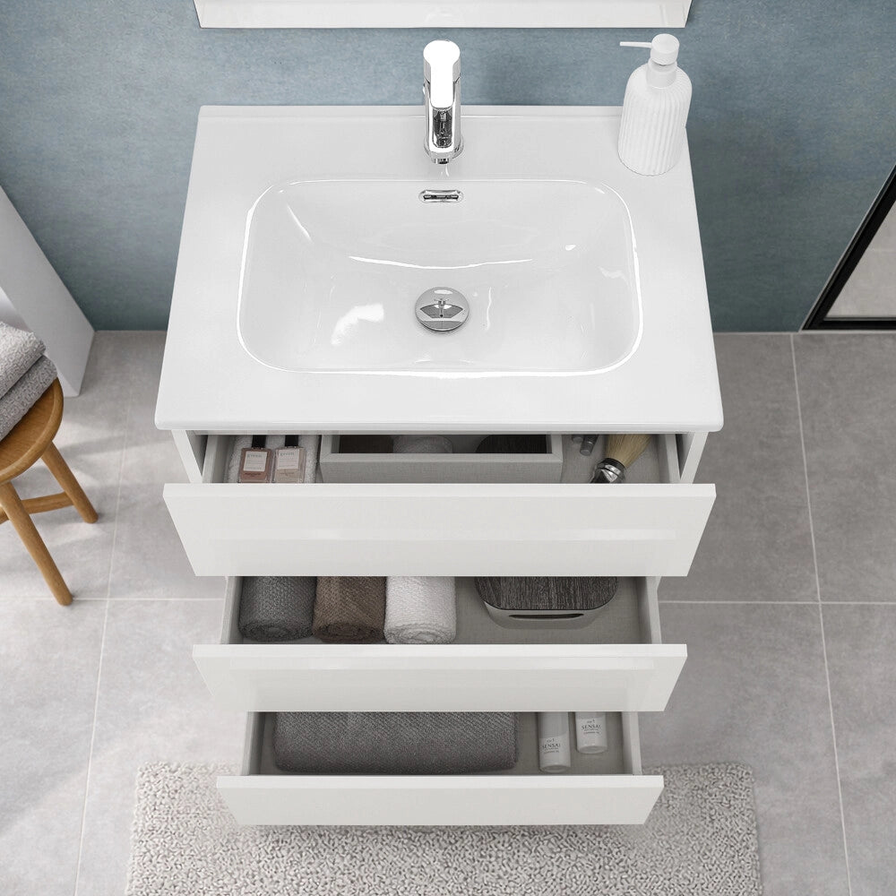 Mobile bagno a terra 60 cm in bianco lucido con lavabo e specchio Leda