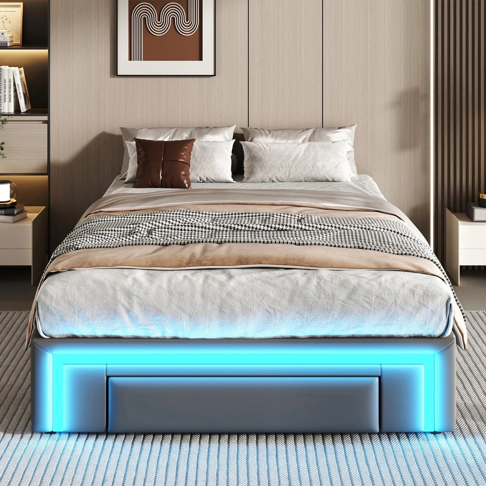 Letto Singolo con Cassetti e LED ¨C MINIMAL ¨C PU Grigio 90x200