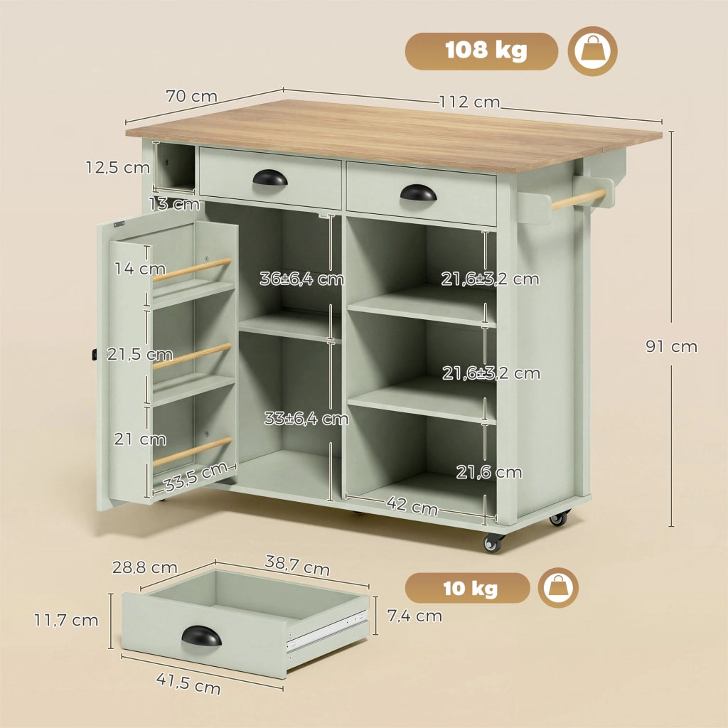 Armadio da Cucina con Ruote, Anta con Ripiani e 2 Cassetti ¨C Zephmum ¨C 117.5x70x91 cm Verde Chiaro