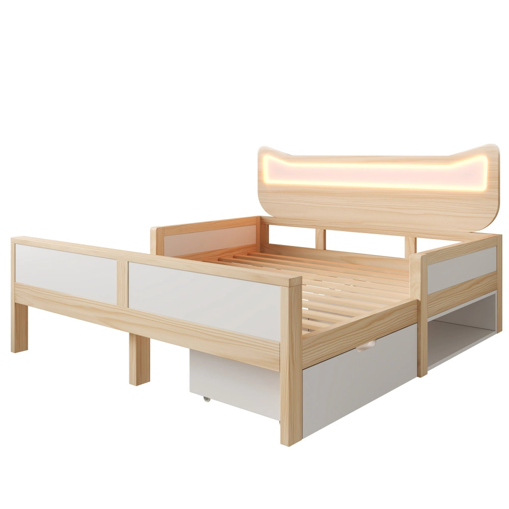 Letto per bambini con orecchie da gatto - Zephmum- 140¡Á200 cm - LED RGB - Bianco e quercia