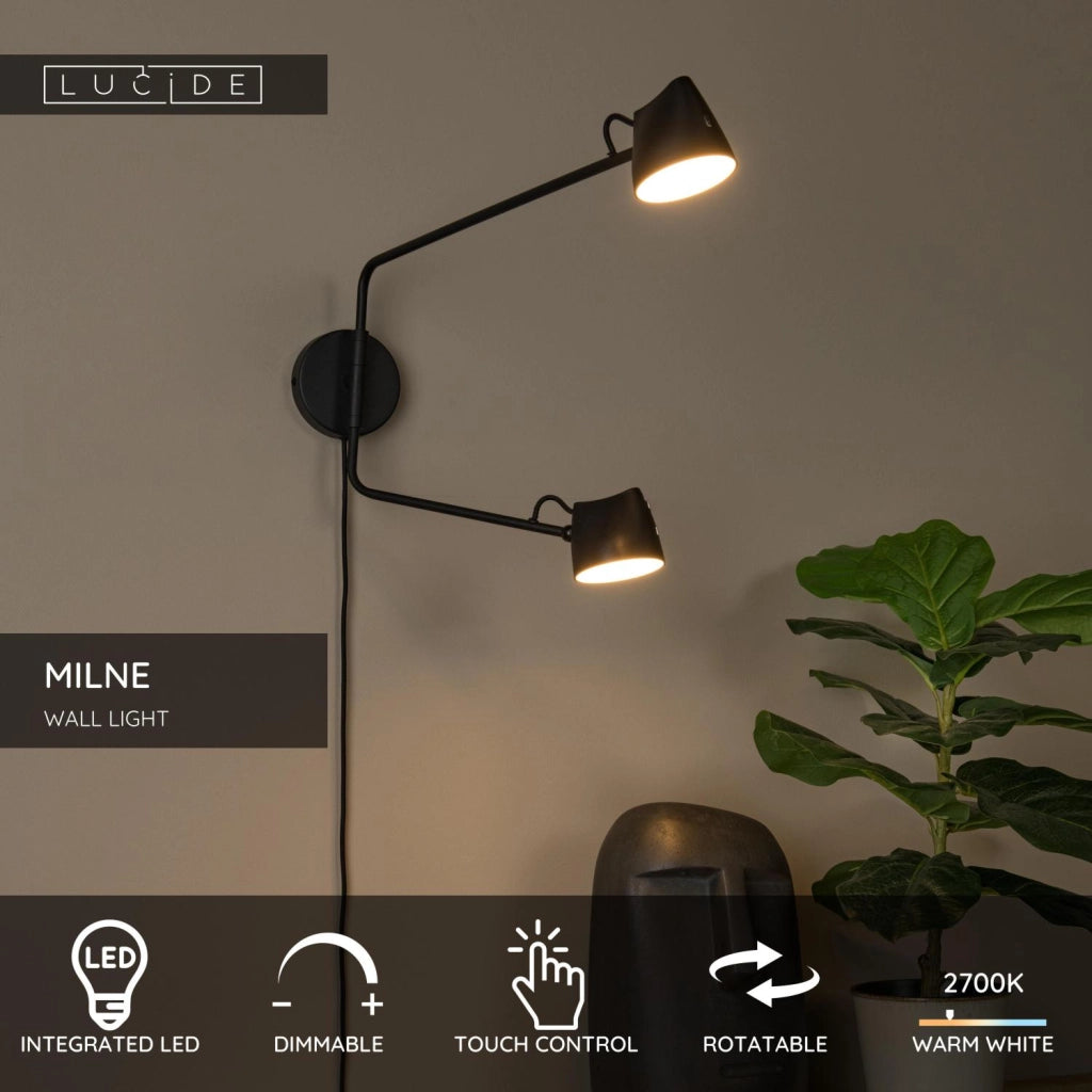Applique LED da parete loft MILNE 2 luci nera Lucide
